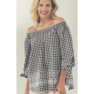 NEW Charlie Paige Peasant Blouse MEDIUM Black Gingham Off Shoulder Eyelet Lace